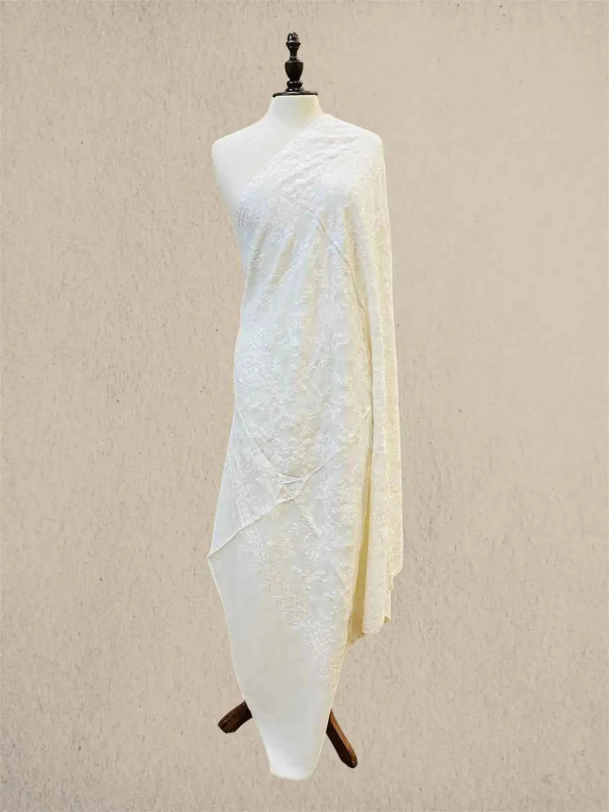 Luxury White on White Pashmina Shawl with Kashmiri Aari Flower Embroidery