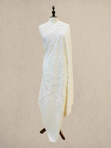 Luxury White on White Pashmina Shawl with Kashmiri Aari Flower Embroidery