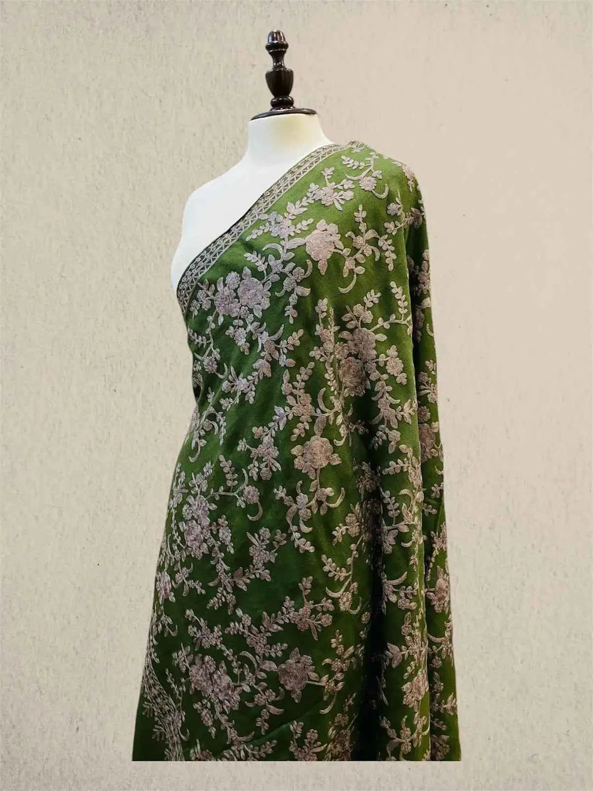 Luxury Pine Green Pashmina Shawl with Kashmiri Aari Flower Embroidery