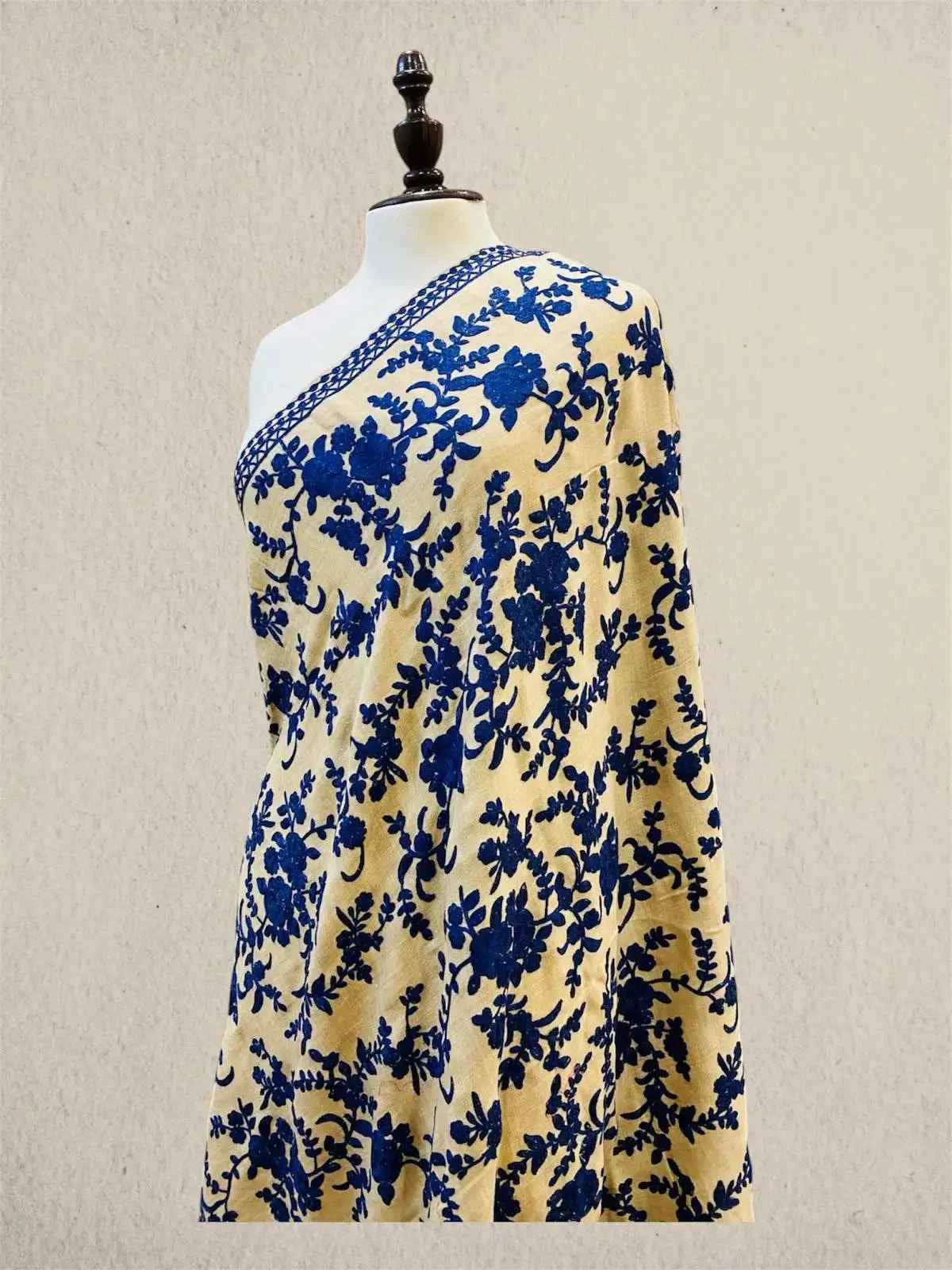 Luxury Rich Navy Blue & Skin Pashmina Shawl with Kashmiri Aari Flower Embroidery & Gold Pashmina Shawl with Kashmiri Aari Flower Embroidery