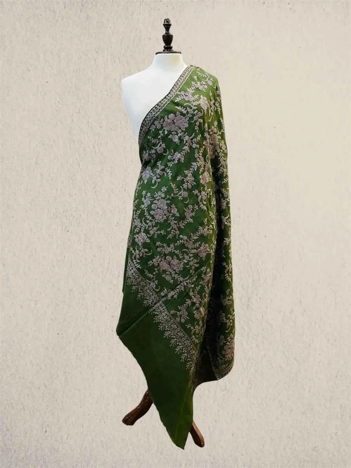 Luxury Pine Green Pashmina Shawl with Kashmiri Aari Flower Embroidery