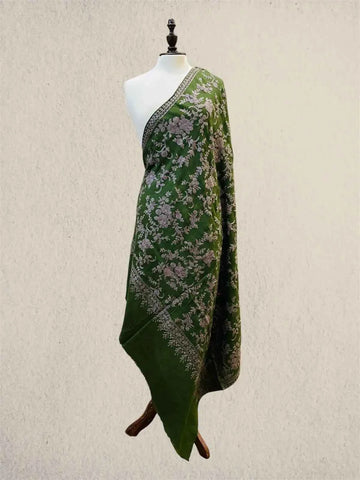 Luxury Pine Green Pashmina Shawl with Kashmiri Aari Flower Embroidery