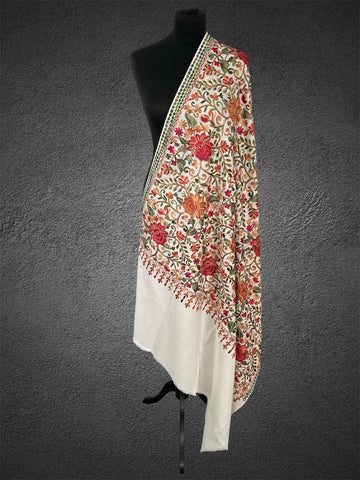 Luxury Pearl White Pashmina Shawl – Vibrant Floral Aari Thread Machine Embroidery - LoomFable
