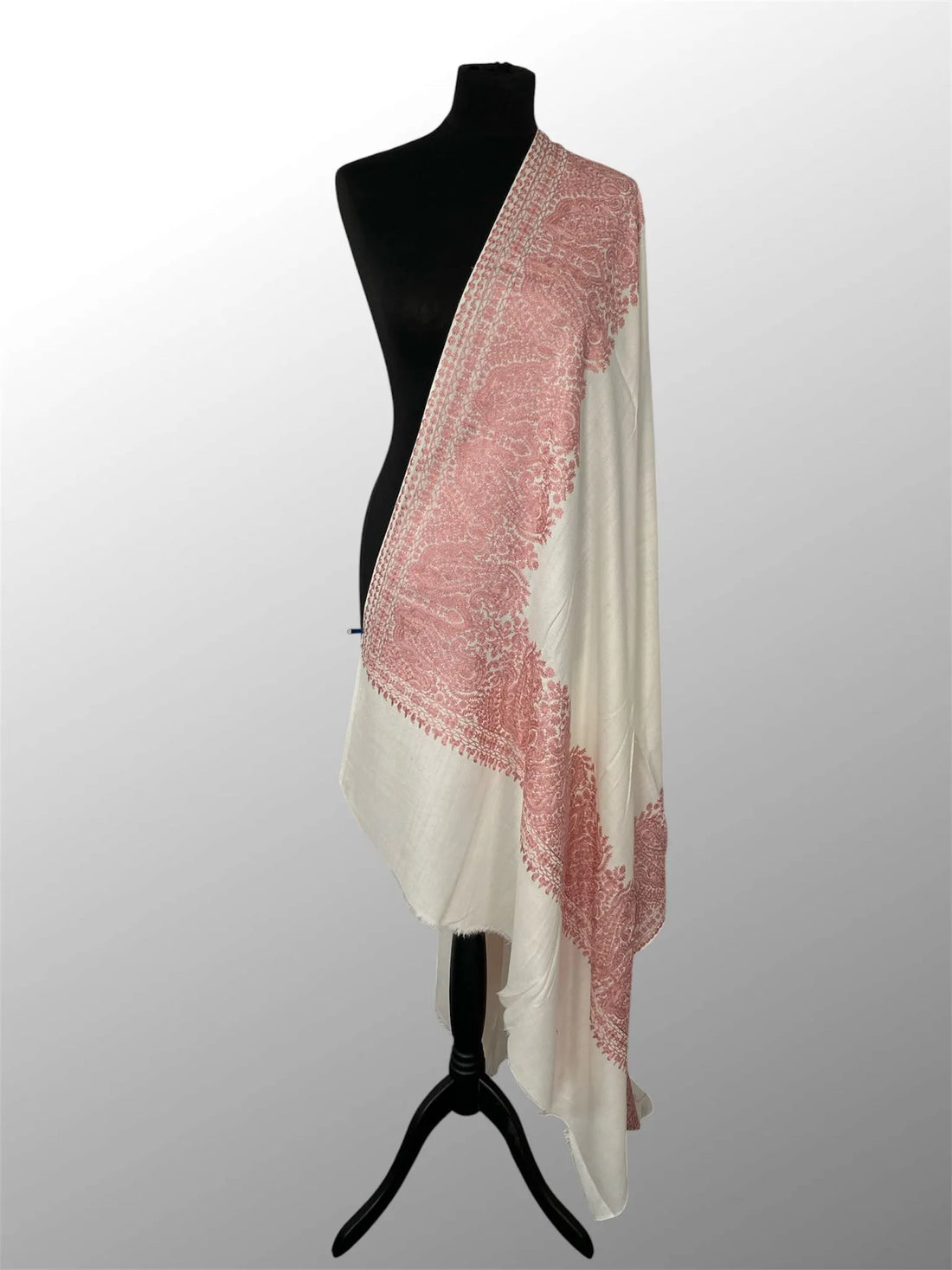 Luxury Ivory White  Pashmina Shawl – Rose Pink Four-Side Silk Border Embroidery - LoomFable