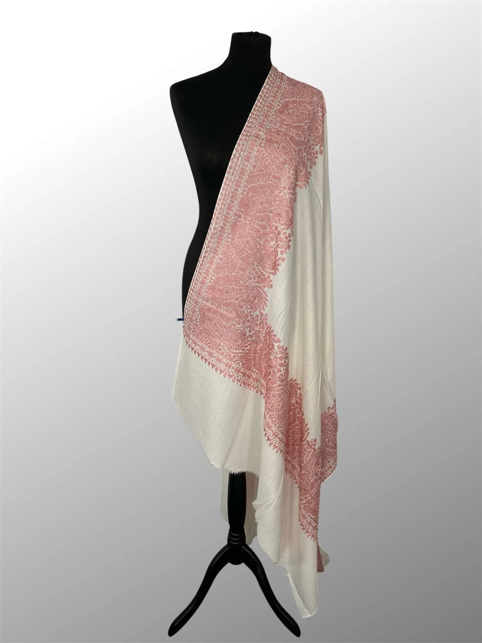 Luxury Ivory White  Pashmina Shawl – Rose Pink Four-Side Silk Border Embroidery - LoomFable