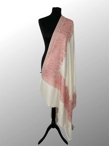 Luxury Ivory White  Pashmina Shawl – Rose Pink Four-Side Silk Border Embroidery - LoomFable