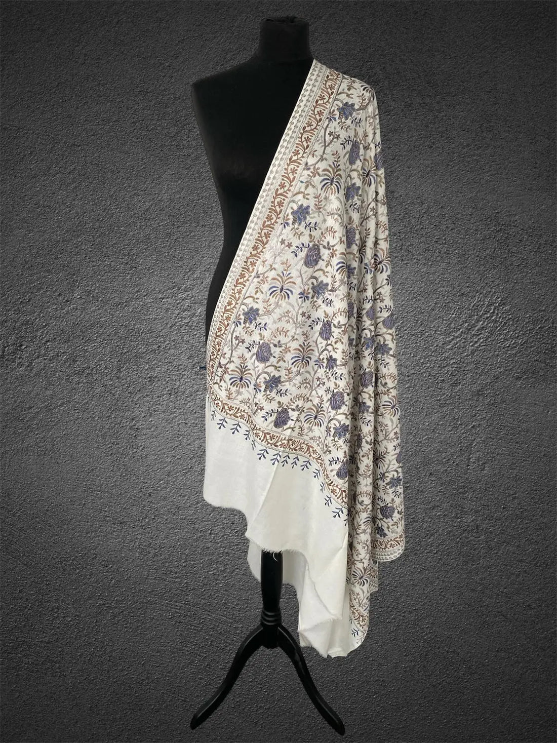 Luxury Ivory Mist Pashmina Shawl | Cobalt & Bronze Silk Thread Embriodery - LoomFable