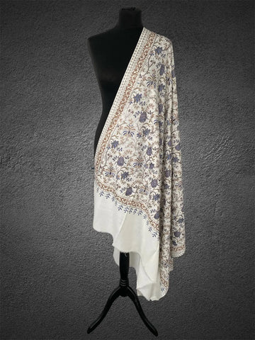 Luxury Ivory Mist Pashmina Shawl | Cobalt & Bronze Silk Thread Embriodery - LoomFable