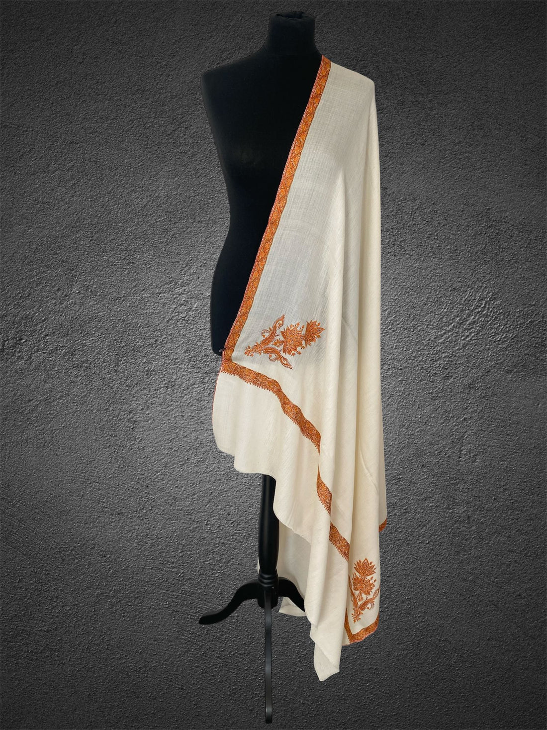 Luxury Ivory Mist Toosh Pashmina Shawl | Hand-Needle Sozni Embroidery - LoomFable