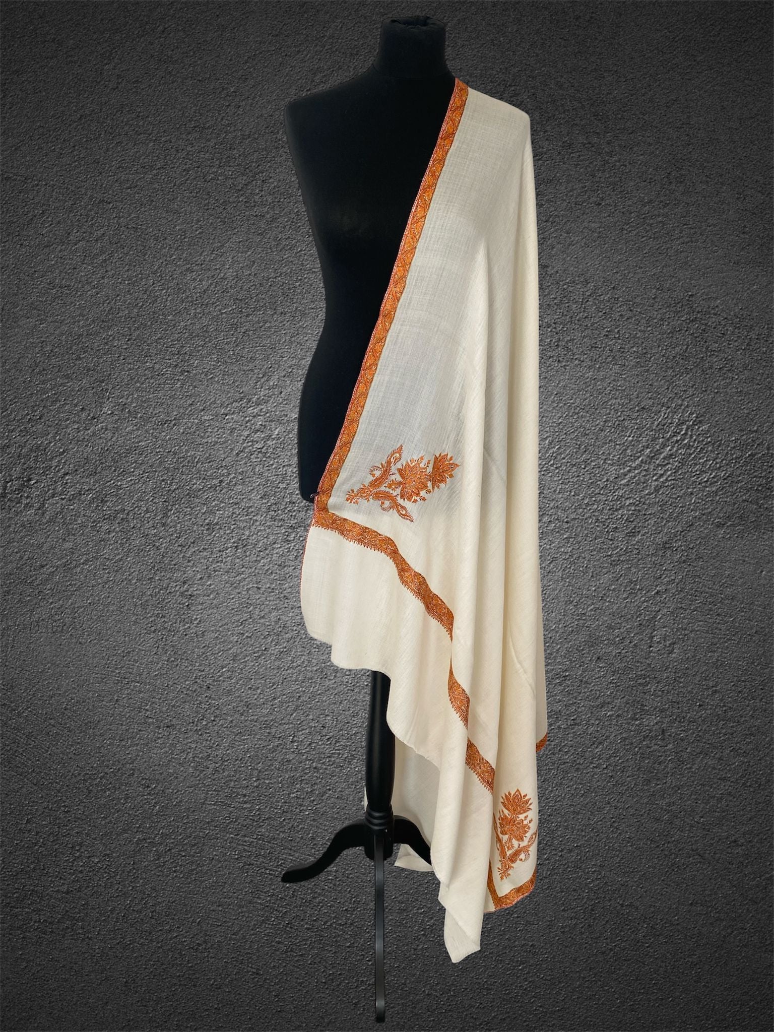 Luxury Ivory Mist Toosh Pashmina Shawl | Hand-Needle Sozni Embroidery - LoomFable