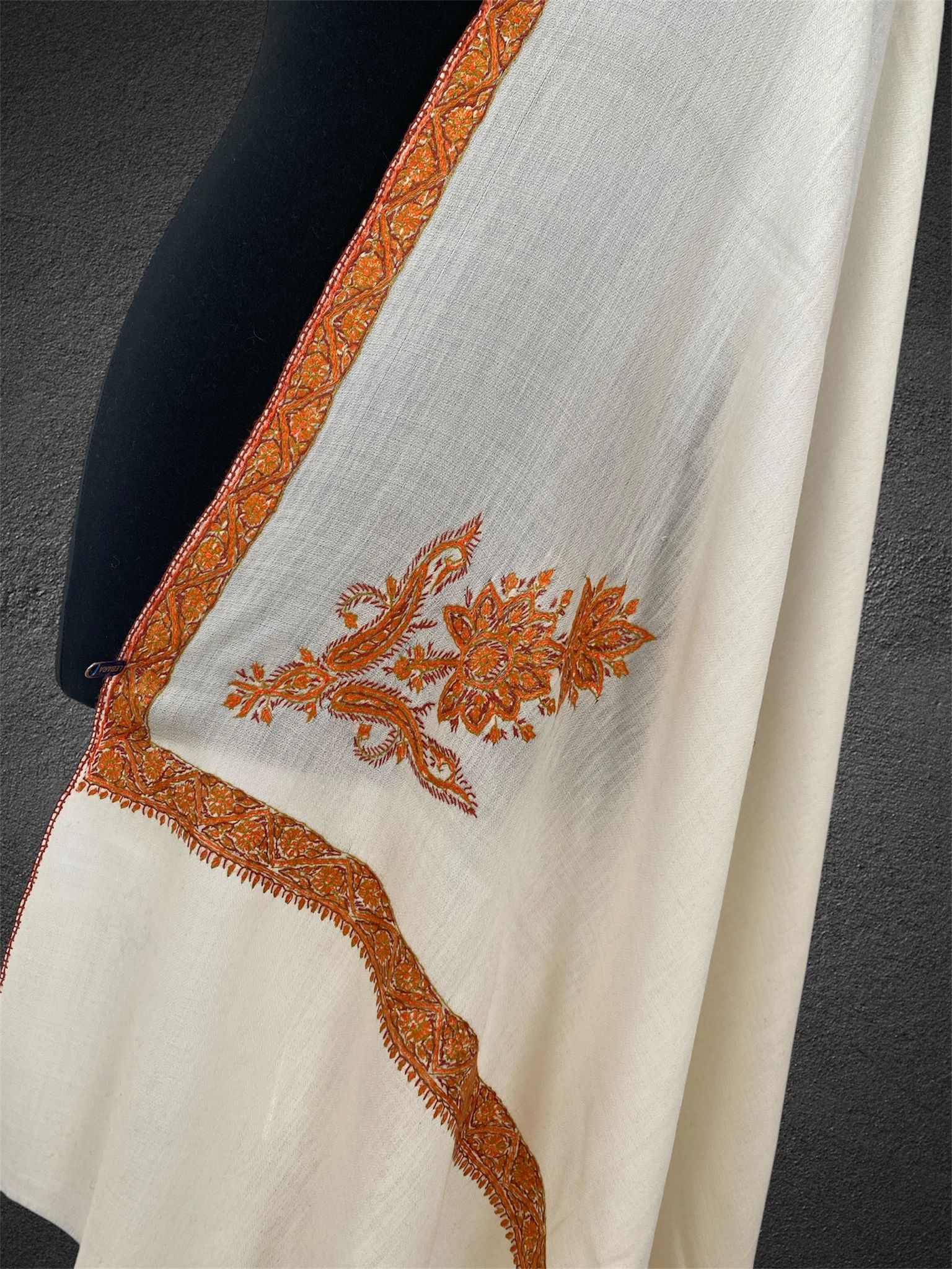 Luxury Ivory Mist Toosh Pashmina Shawl | Hand-Needle Sozni Embroidery - LoomFable