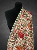 Luxury Pearl White Pashmina Shawl – Vibrant Floral Aari Thread Machine Embroidery - LoomFable