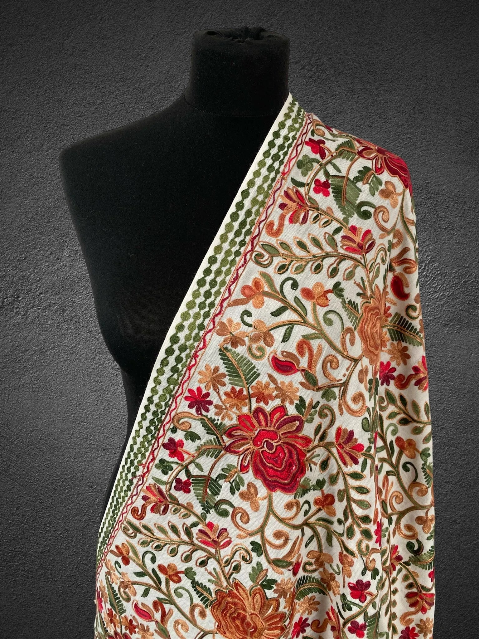 Luxury Pearl White Pashmina Shawl – Vibrant Floral Aari Thread Machine Embroidery - LoomFable