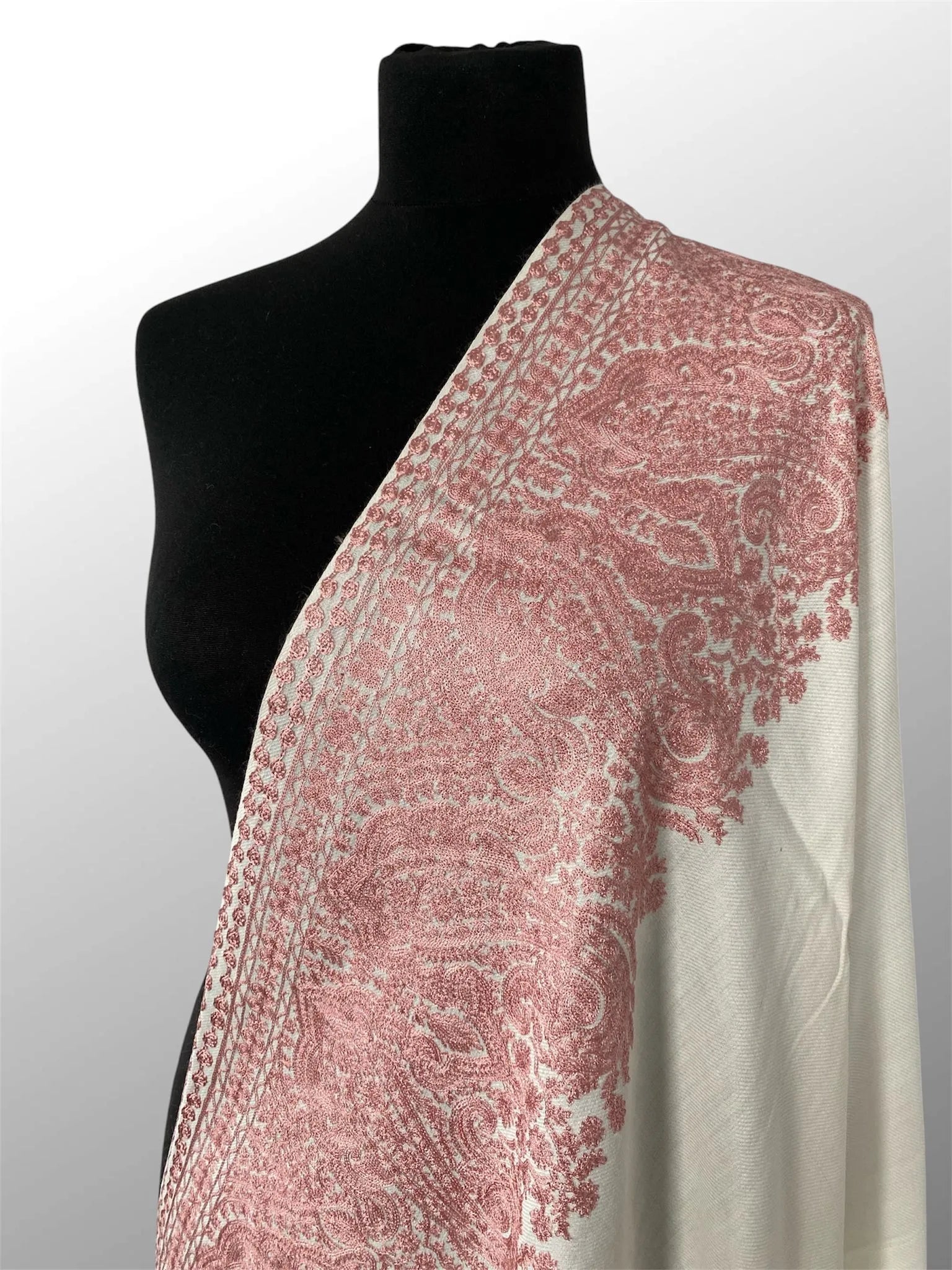 Luxury Ivory White  Pashmina Shawl – Rose Pink Four-Side Silk Border Embroidery - LoomFable