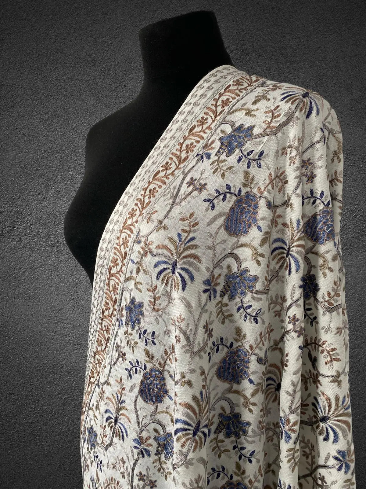 Luxury Ivory Mist Pashmina Shawl | Cobalt & Bronze Silk Thread Embriodery - LoomFable