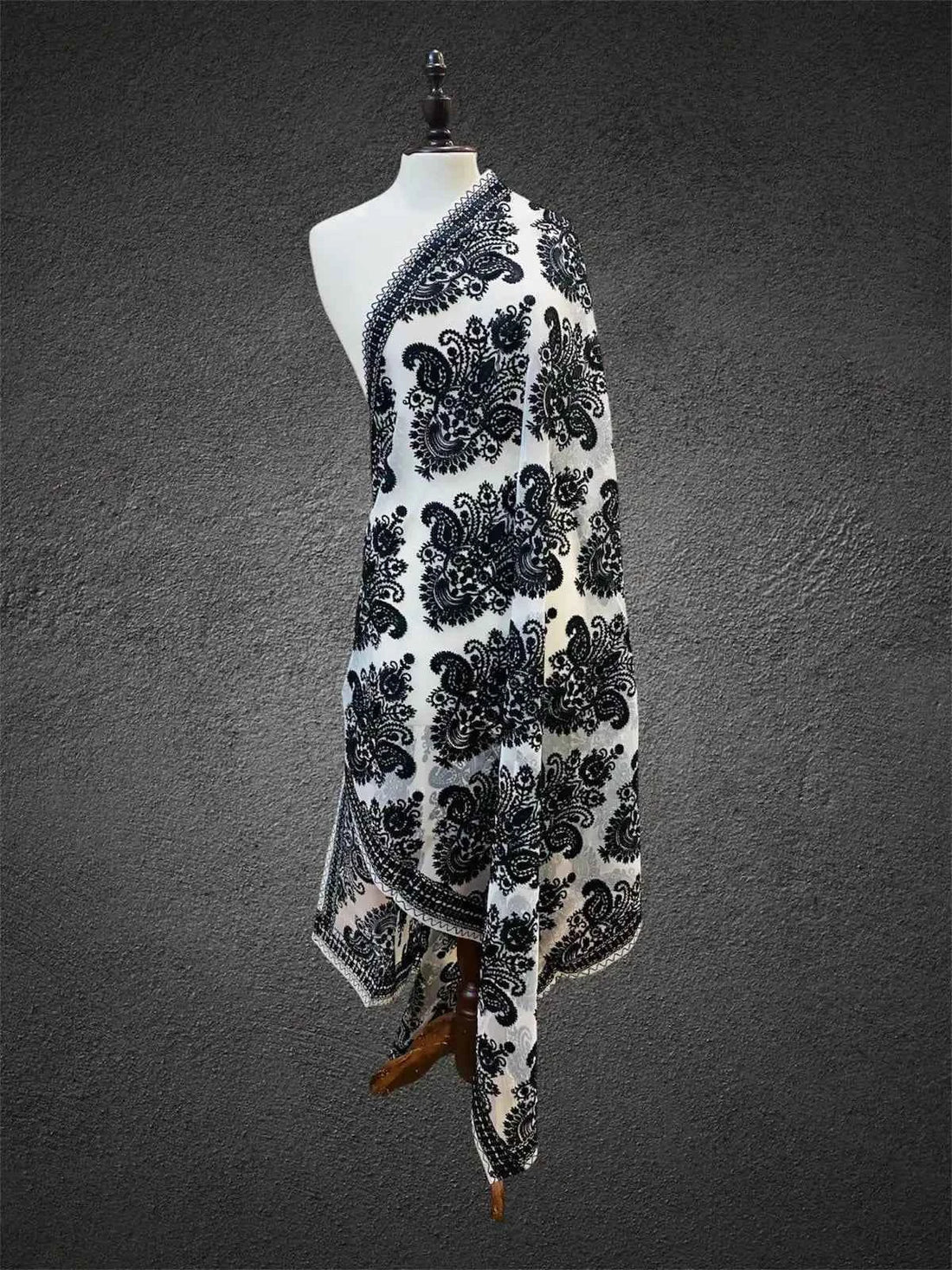 Royal Monochrome Ivory & Onyx Black Aari Embroidered Organza Dupatta