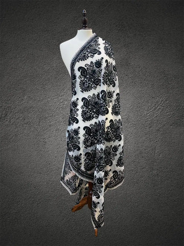 Royal Monochrome Ivory & Onyx Black Aari Embroidered Organza Dupatta