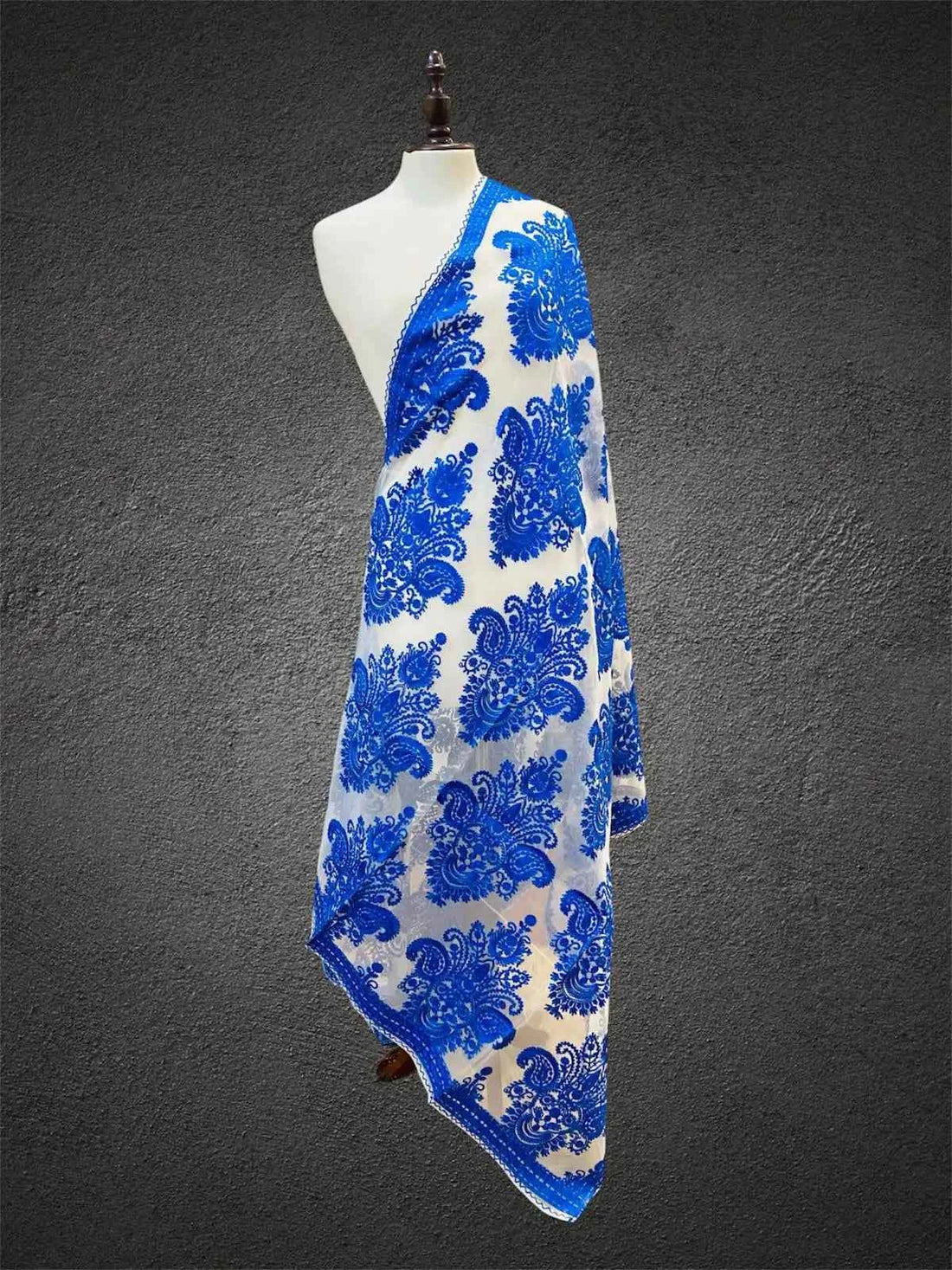 Royal Cobalt Blue & Ivory White Aari Embroidered Organza Dupatta