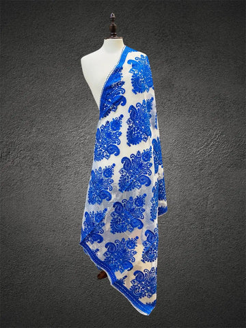Royal Cobalt Blue & Ivory White Aari Embroidered Organza Dupatta