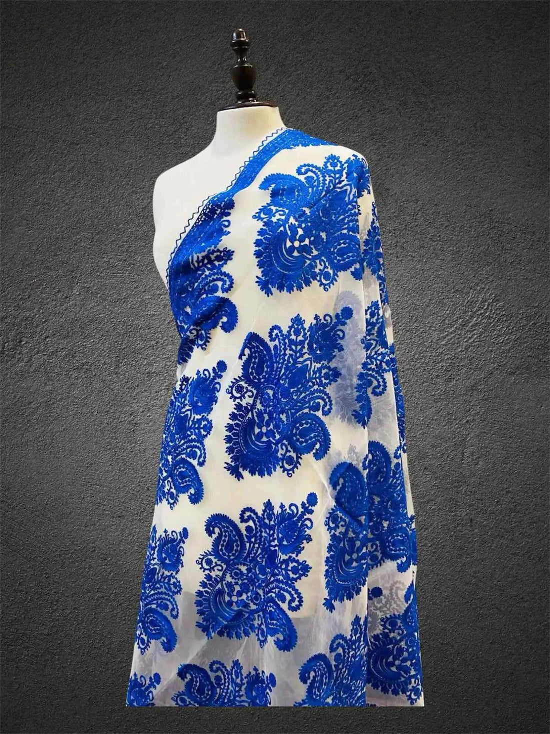 Royal Cobalt Blue & Ivory White Aari Embroidered Organza Dupatta