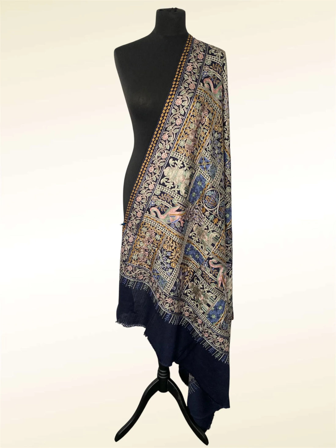 Luxury Navy Blue Pashmina Shawl – Royal Peacock & Elephant Silk Thread Embroidery - LoomFable