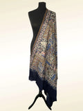 Luxury Navy Blue Pashmina Shawl – Royal Peacock & Elephant Silk Thread Embroidery - LoomFable