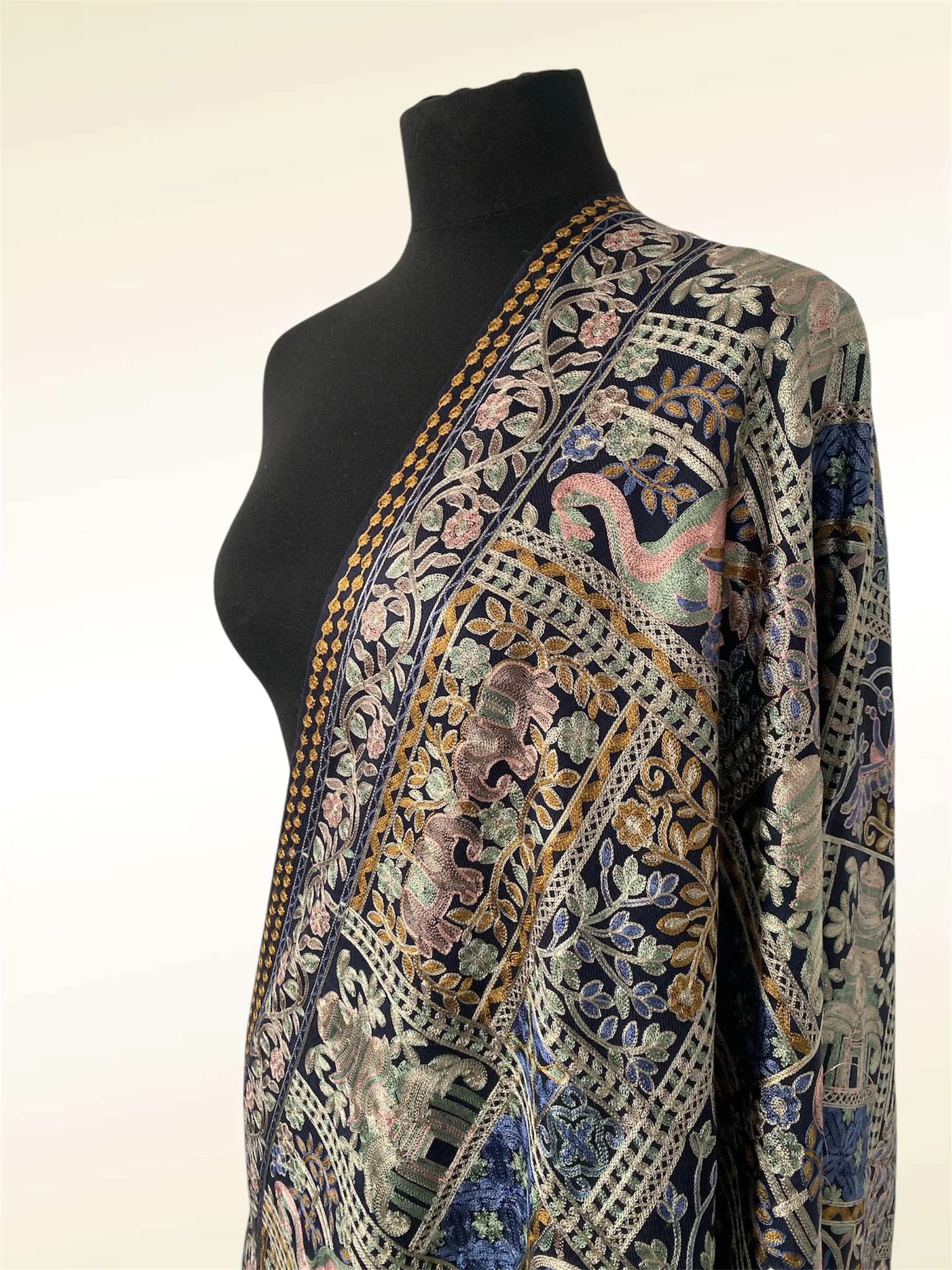 Luxury Navy Blue Pashmina Shawl – Royal Peacock & Elephant Silk Thread Embroidery - LoomFable