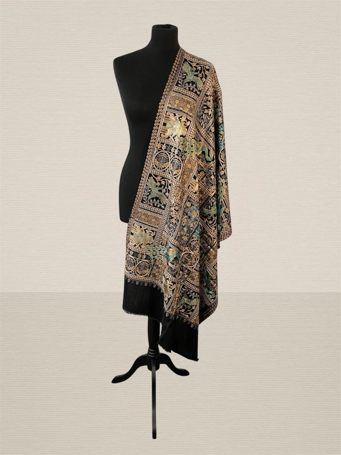 Luxury Midnight Black Pashmina Stole with Silk Thread Floral Embroidery - LoomFable