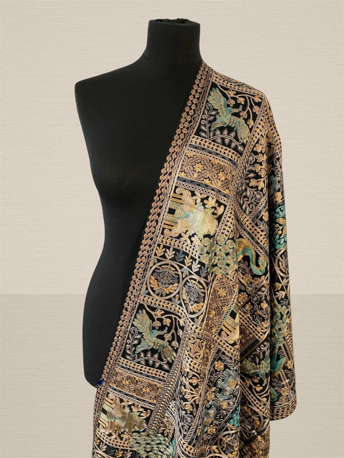 Luxury Midnight Black Pashmina Stole with Silk Thread Floral Embroidery - LoomFable