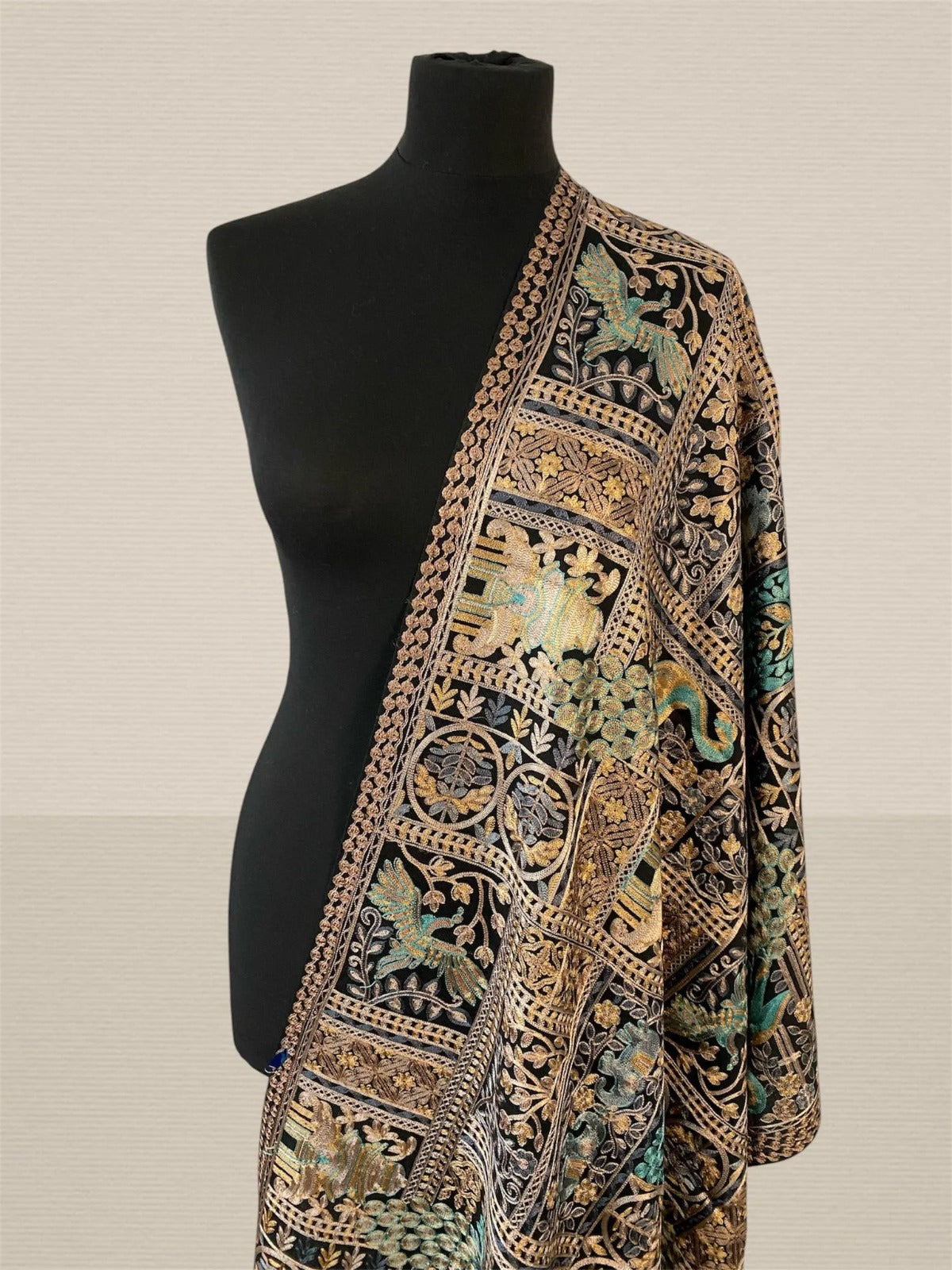 Luxury Midnight Black Pashmina Stole with Silk Thread Floral Embroidery - LoomFable