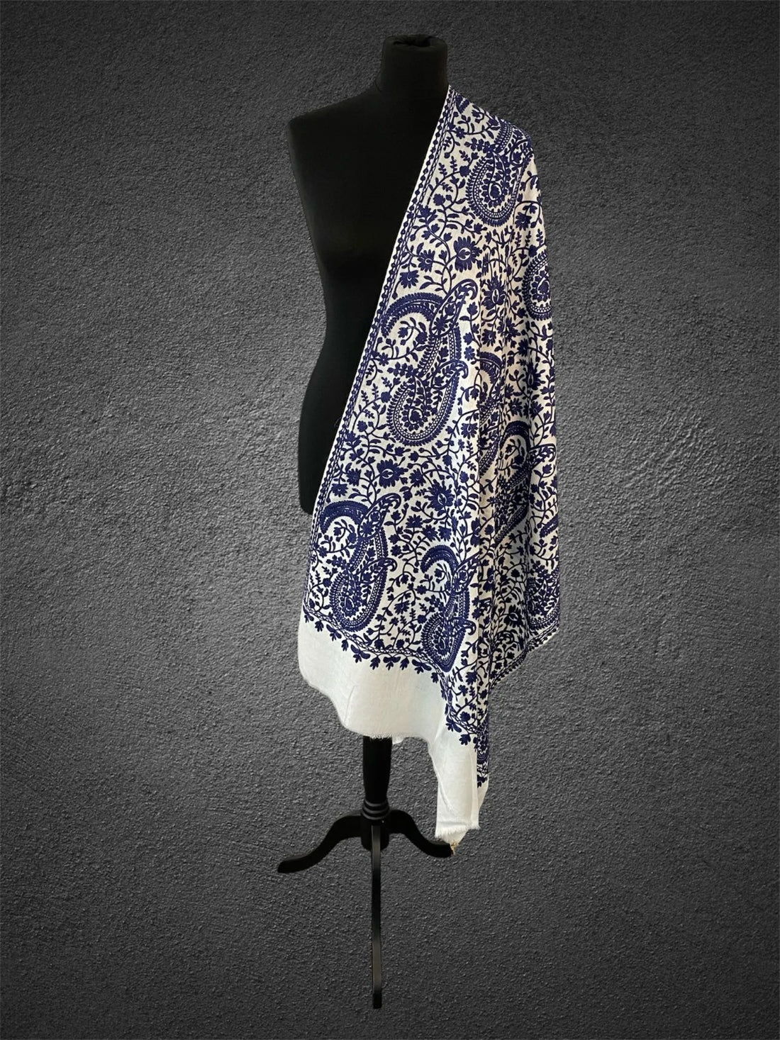 Ivory & Cobalt Paisley Stole | Bold Aari Machine Embroidery - LoomFable