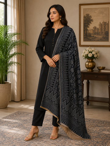 Premium Handloom Reversible Moonlight Kani Shawl Toosh Pashmina | Midnight Heritage