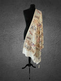 Luxury Ivory Heritage Pashmina Stole | Silk Embroidered Elephant & Bird Motif Wrap - LoomFable
