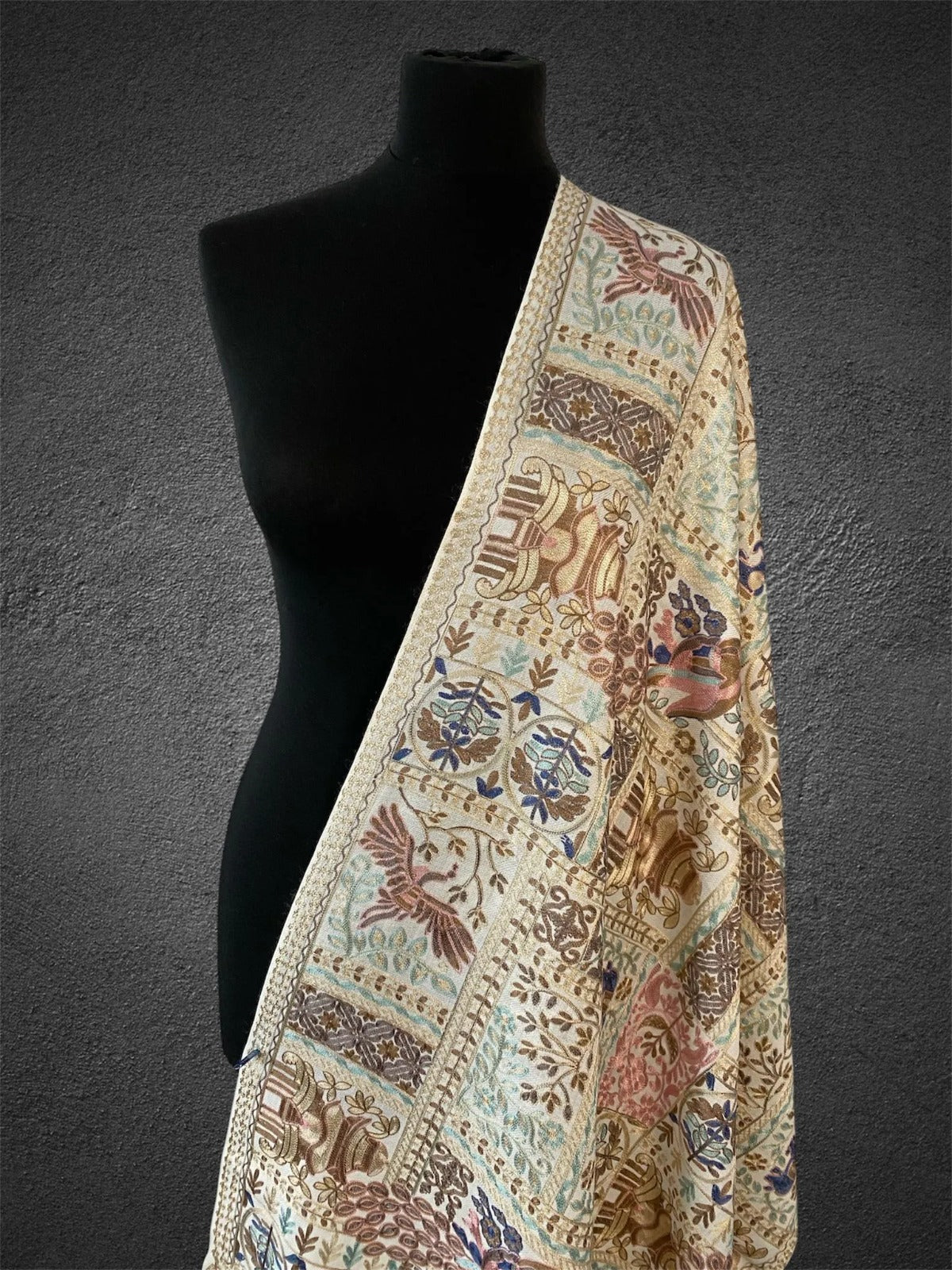 Luxury Ivory Heritage Pashmina Stole | Silk Embroidered Elephant & Bird Motif Wrap - LoomFable