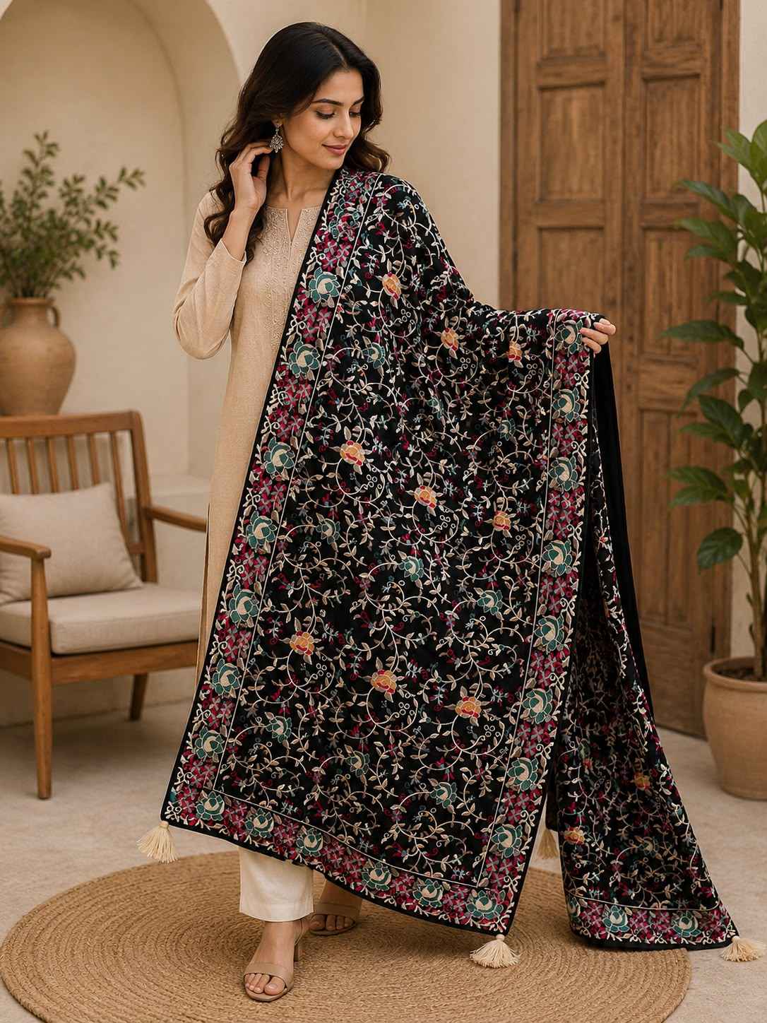 Luxury Black Chiffon Dupatta with Machine Embroidery