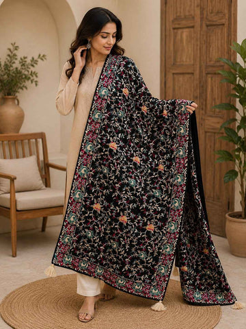 Luxury Black Chiffon Dupatta with Machine Embroidery