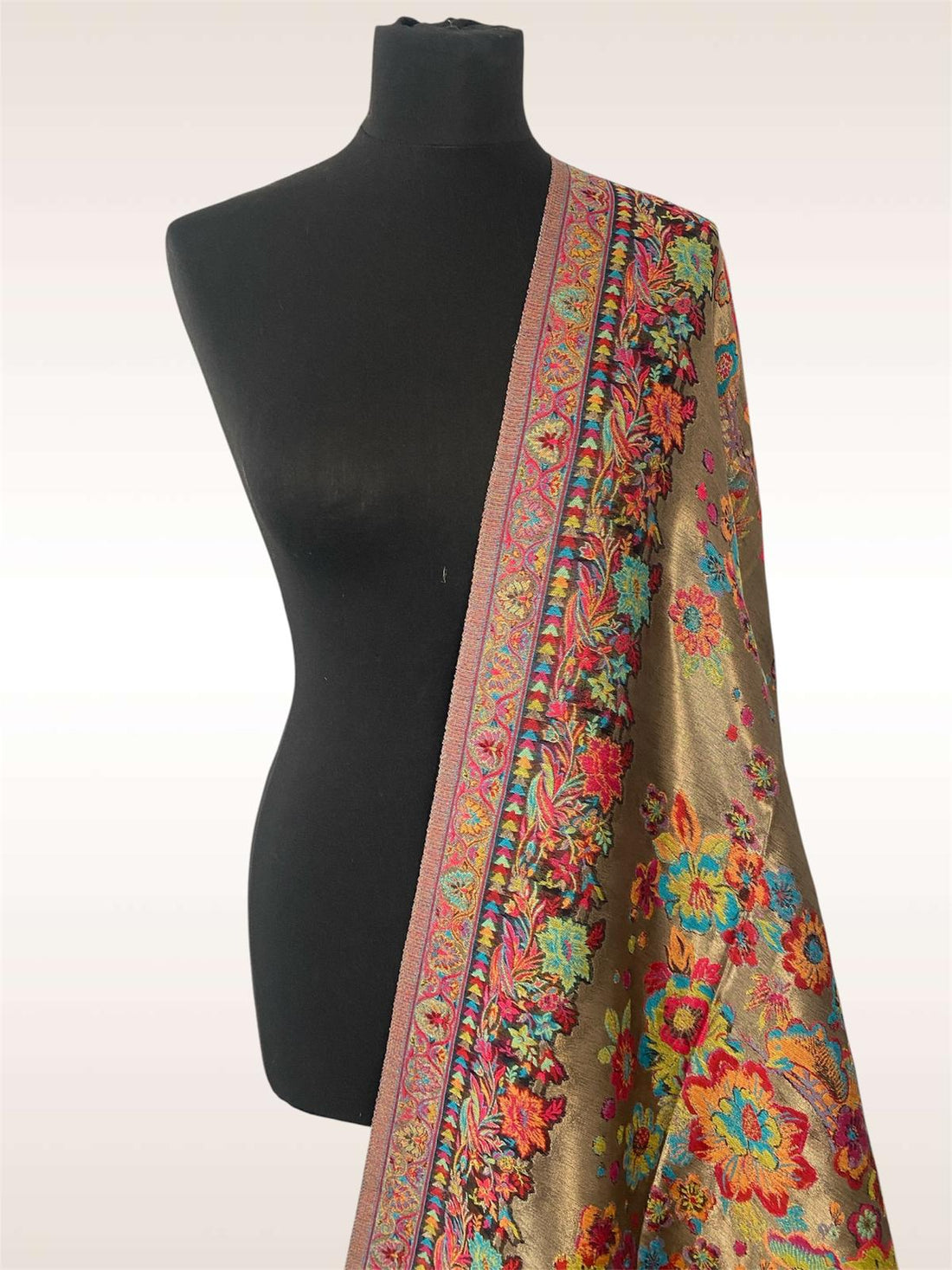 Luxury Golden Bloom Kani Silk Moonlight Dupatta Flower Design - LoomFable