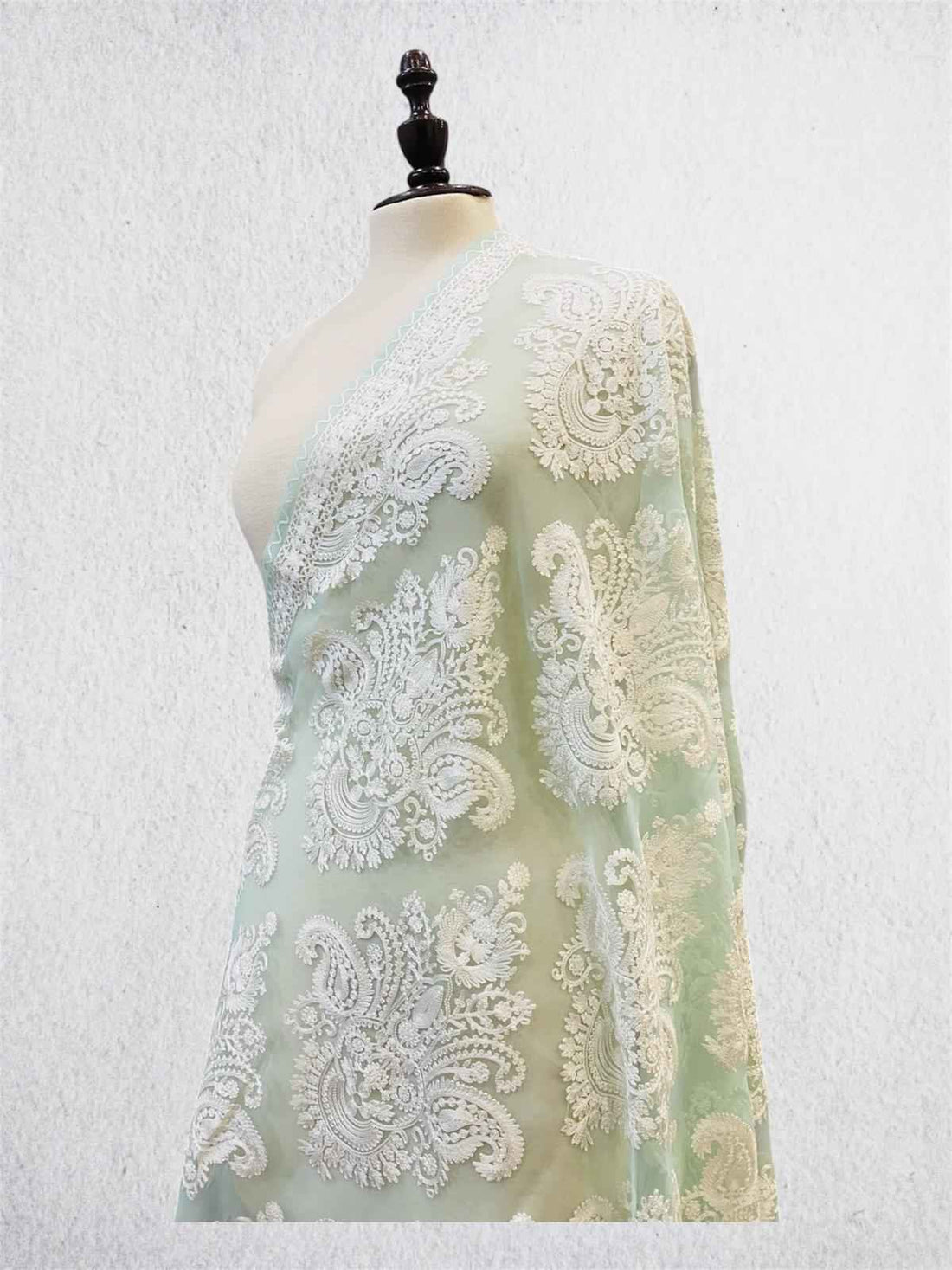 Royal Mint Green & White Sheer Organza Dupatta with Kashmiri Aari Embroidery