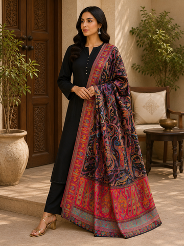 Luxury Handloom Kashmiri Kani Silk Dupatta – Paisley Heritage Woven Dupatta