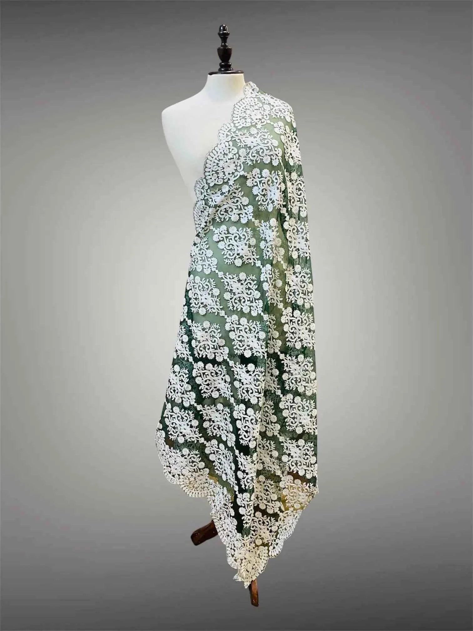 Elegant Green & White Silk Thread Embroidered Organza Dupatta