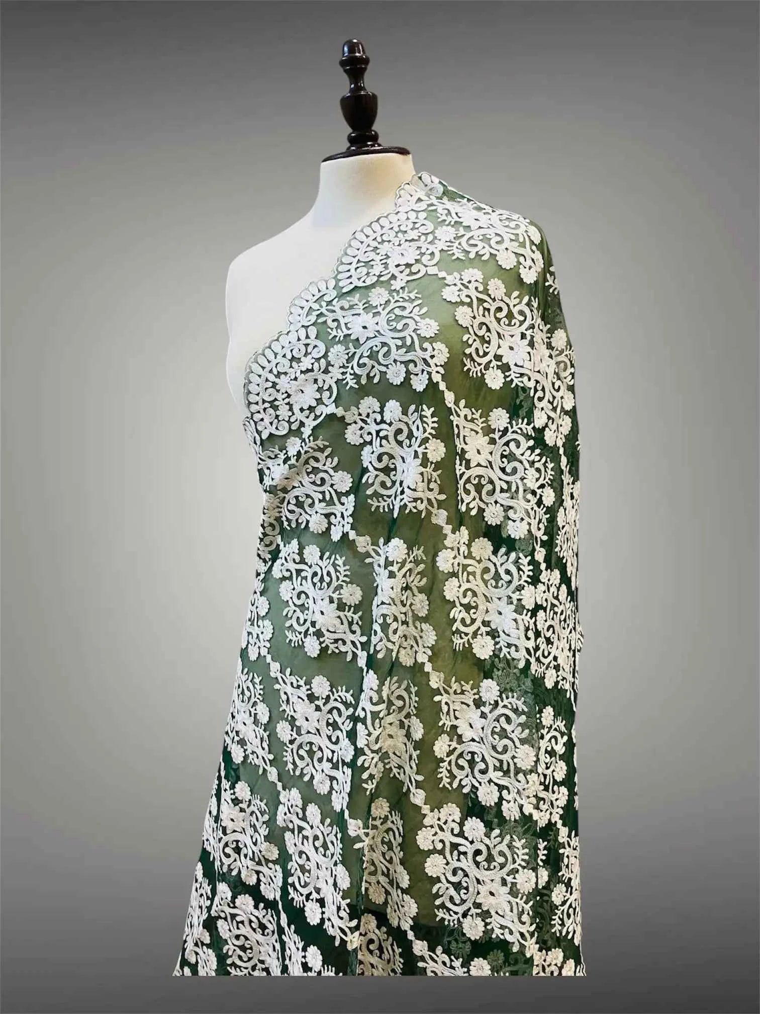 Elegant Green & White Silk Thread Embroidered Organza Dupatta