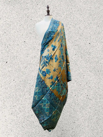 Luxury Midnight Teal & Antique Gold Moonlight Kani Silk Flower Dupatta - Handwoven Wrap