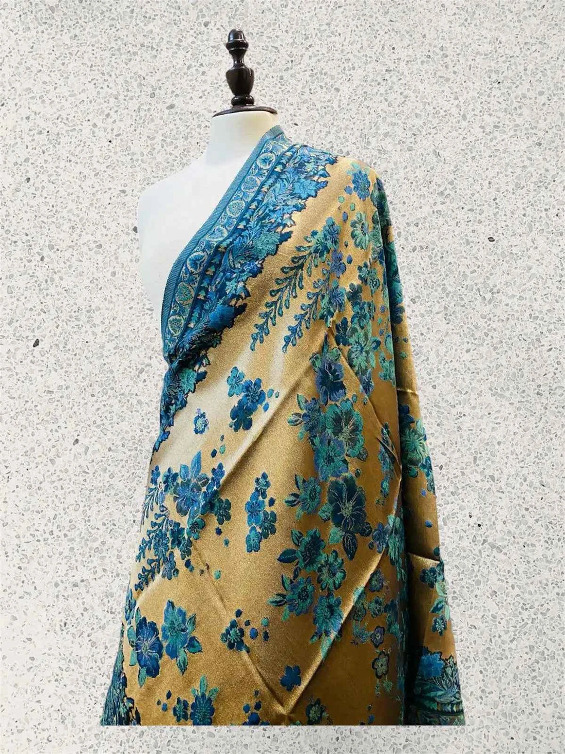 Luxury Midnight Teal & Antique Gold Moonlight Kani Silk Flower Dupatta - Handwoven Wrap