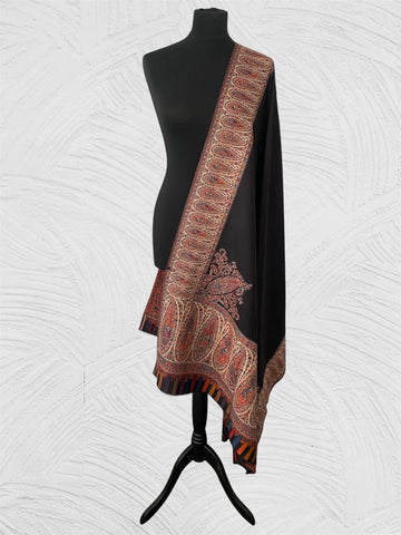 Kani Midnight Black Pasiley Border Shawl on Toosh Pashmina - LoomFable