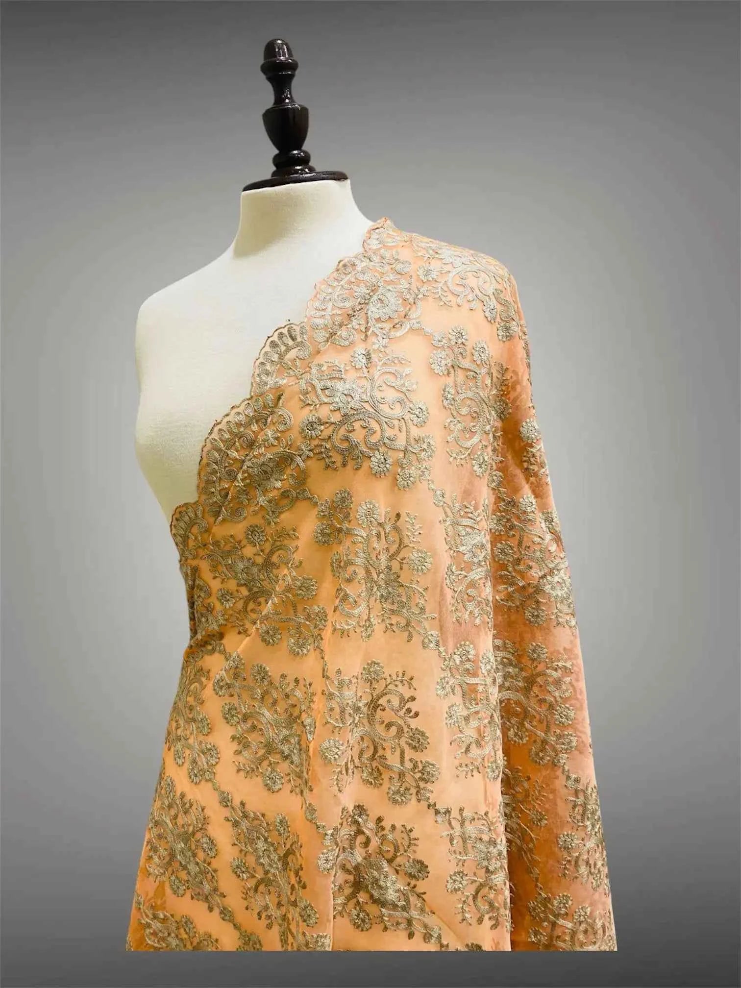 Elegant Pastel Peach and Champagne Gold Silk Thread Embriodery Organza Dupatta
