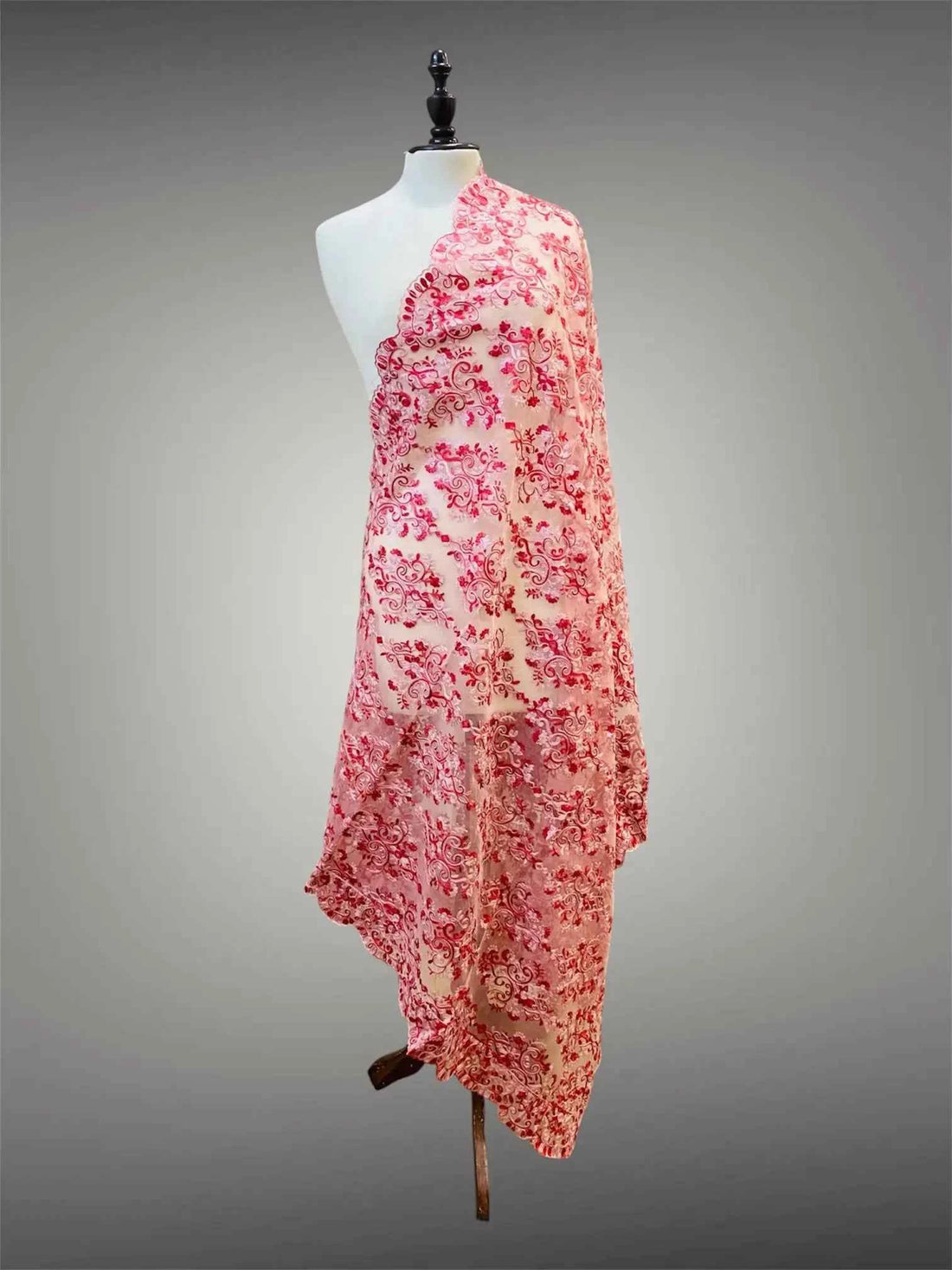 Elegant Blush Pink with Crimson Organza Silk Thread Embroidery Dupatta