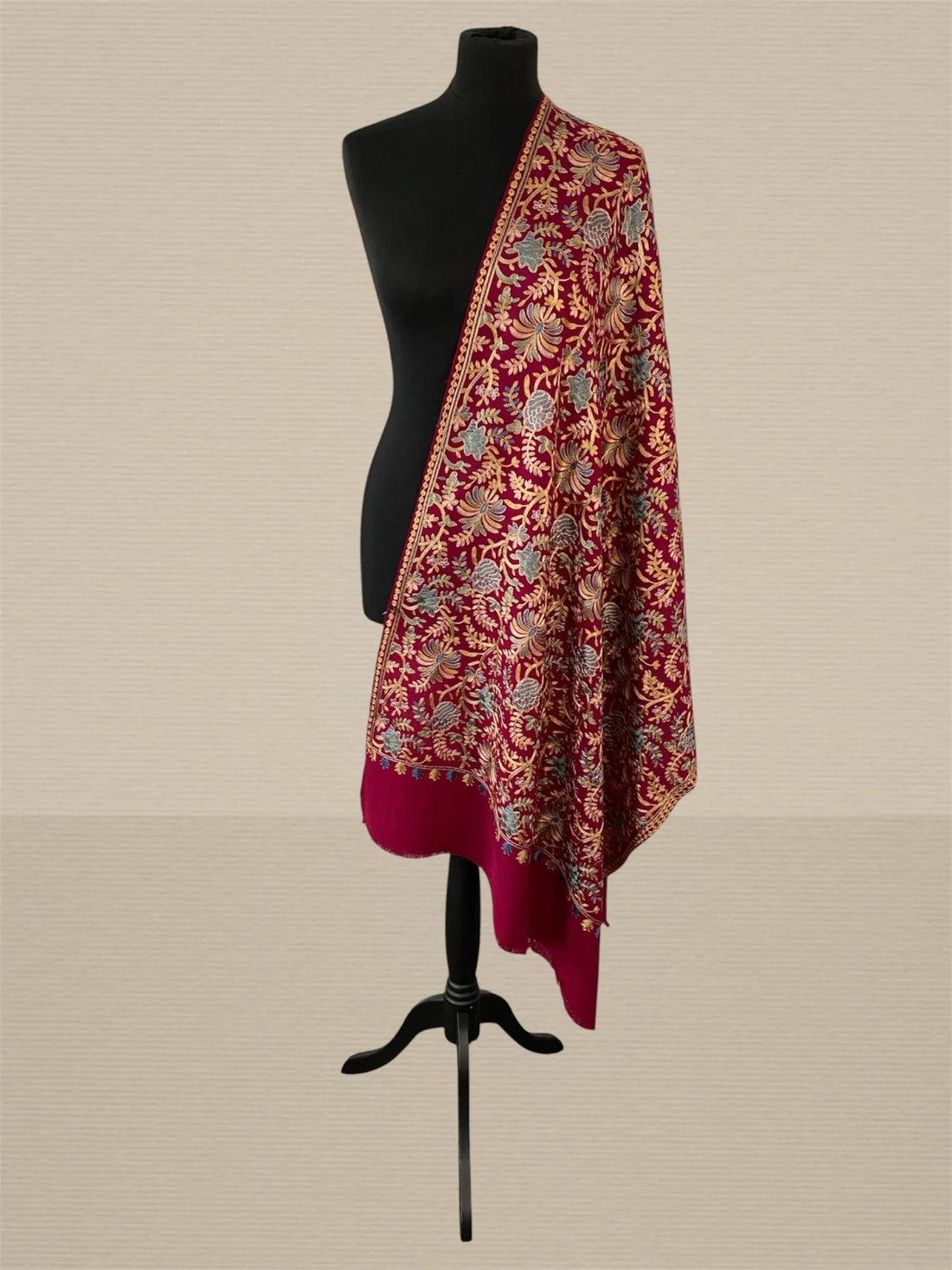 Luxury Red Flower Design Silk Thread Embriodery Pashmina Stole - LoomFable