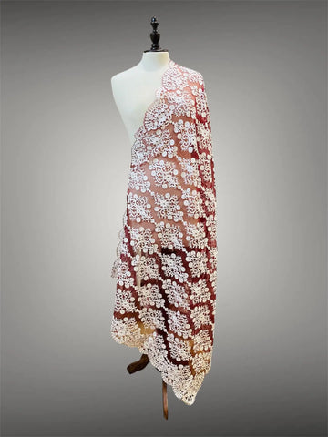 Elegant Rich Maroon with Ivory White Organza Dupatta Silk Thread Embriodery