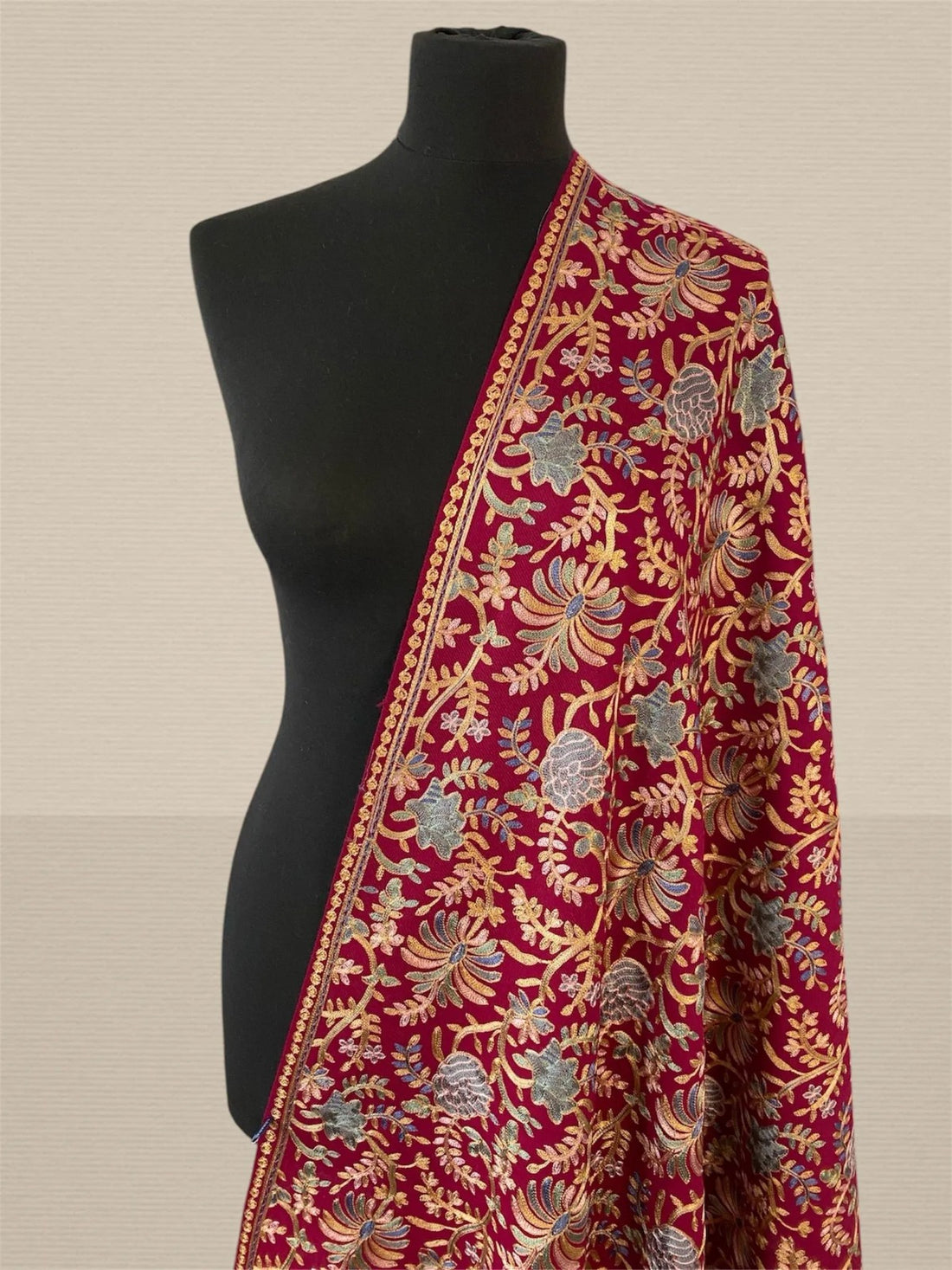 Luxury Red Flower Design Silk Thread Embriodery Pashmina Stole - LoomFable