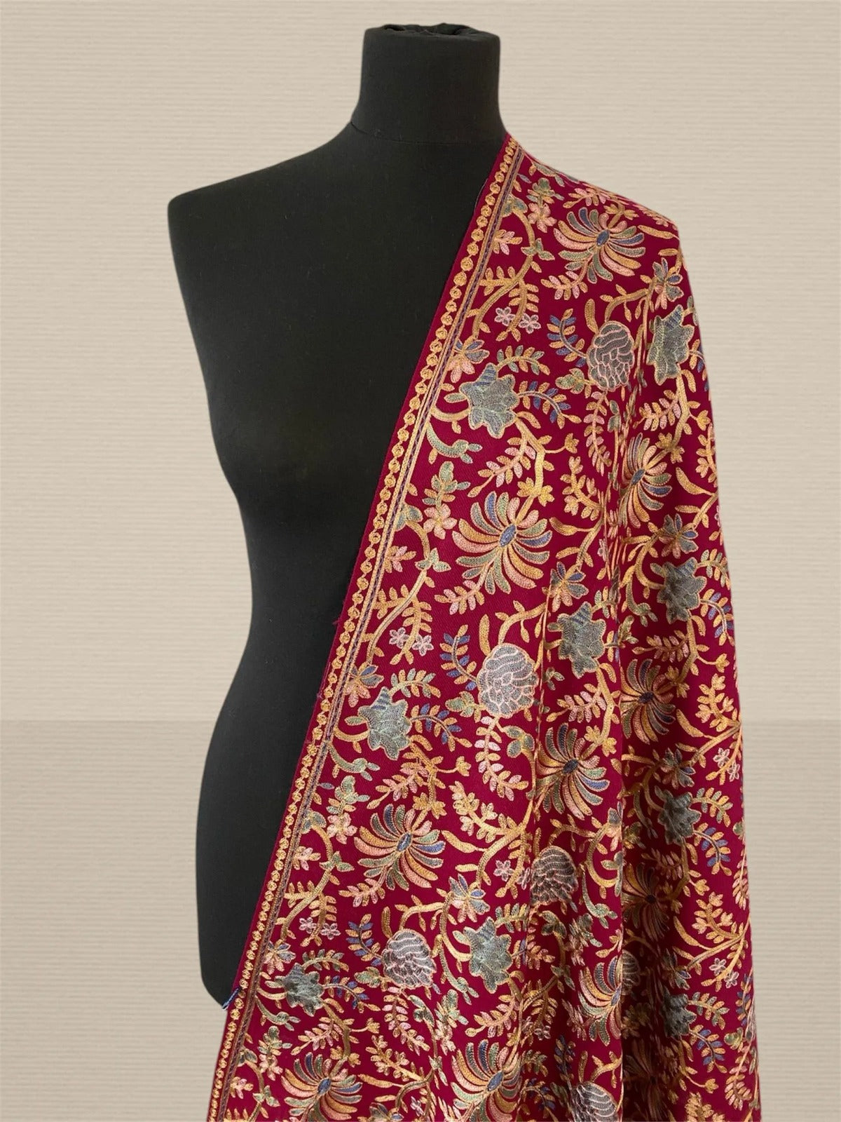 Luxury Red Flower Design Silk Thread Embriodery Pashmina Stole - LoomFable